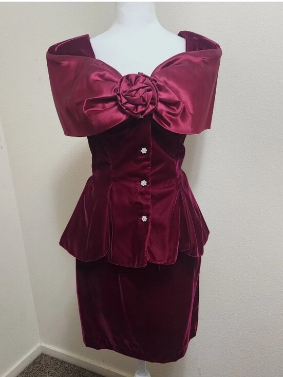 On On Fashions Dresses & Skirts - Vintage 80s 90s On On Fashions (OON) Burgundy Velvet & Satin Peplum Dress Size 5